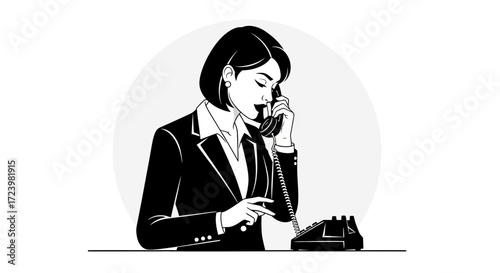 Monochromatic portrayal of a business woman conversing on a classic telephone instrument