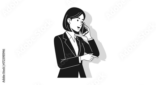 Illustration of a confident businesswoman in a suit talking on her mobile phone professionally