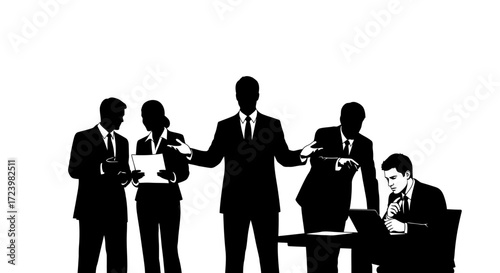 Silhouette illustration depicts group of business professionals in a meeting setting