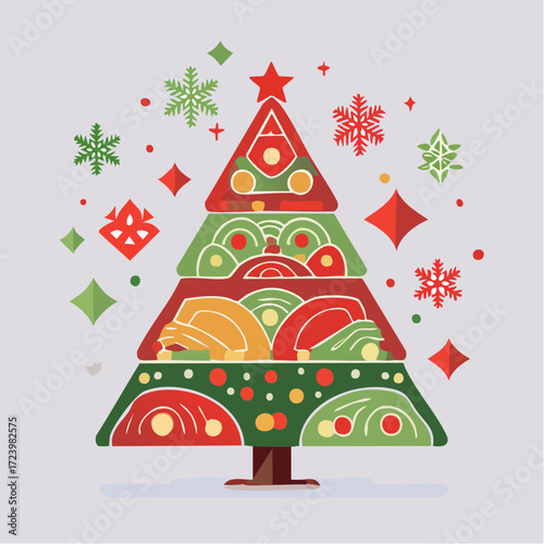 Festive Tree Ornament: A vibrantly illustrated Christmas tree is adorned with snowflakes and diamond-shaped ornaments against a subtly muted backdrop. Perfect for seasonal designs, holiday greetings.