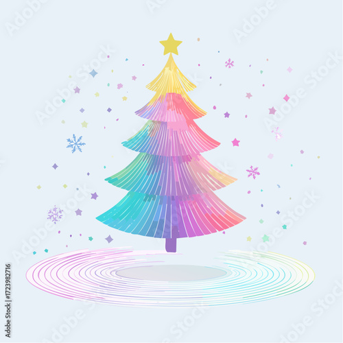 Rainbow Christmas Tree: A vibrant and colorful illustration of a Christmas tree, adorned with a star and set amidst a gentle shower of snowflakes.
