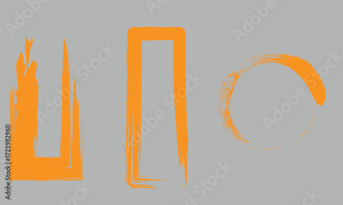 Three orange brush stroke shapes on gray background abstract graphic