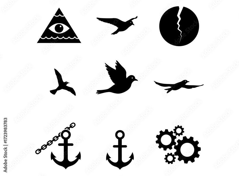 Fototapeta premium Cool Black and White Icon Set Birds, Anchors, and More