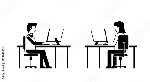 Minimalist office scene depicting two people working at computers side by side at their desks