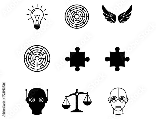 Set of Icons Representing Ideas, Challenges, Creativity, Technology, Justice, and Problem-Solving Strategies