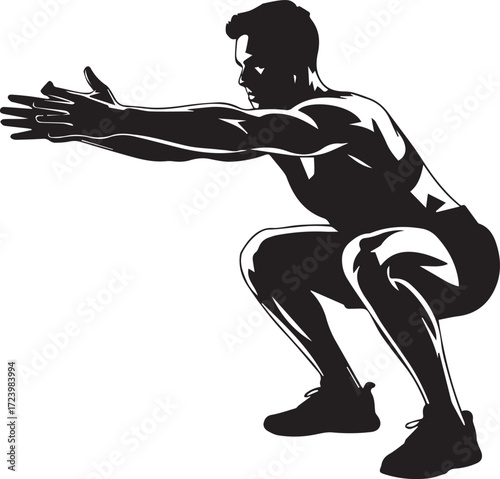 Fit athletic man silhouette performing deep squat exercise for legs and glutes training