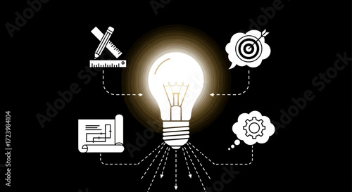 Creative idea generation concept with lightbulb and icons representing planning and engineering