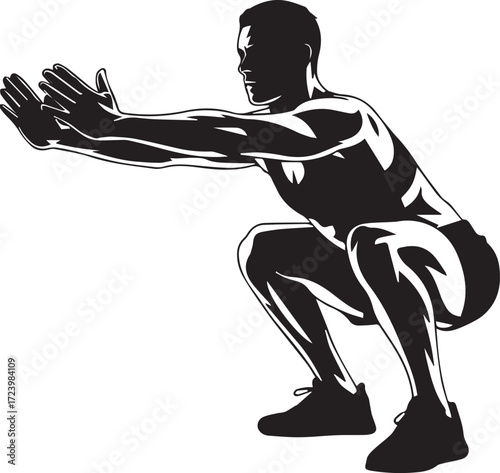 Fit man silhouette performing deep squat exercise with arms extended for balance fitness