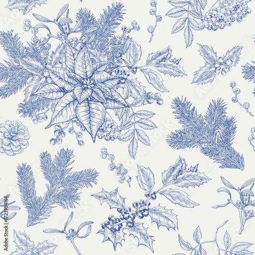 Toile art Christmas Vintage botanical seamless pattern fir branches holly mistletoe poinsettia rowan. Blue beige. Hand drawn vector background for design package, holiday decor, decoration new year
