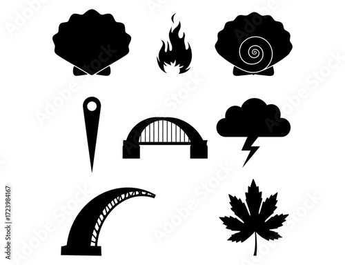 Collection of Black Icons Representing Nature, Elements, and Structures on a White Background