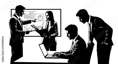 Strategic business meeting involving data analysis and collaborative teamwork at a modern office