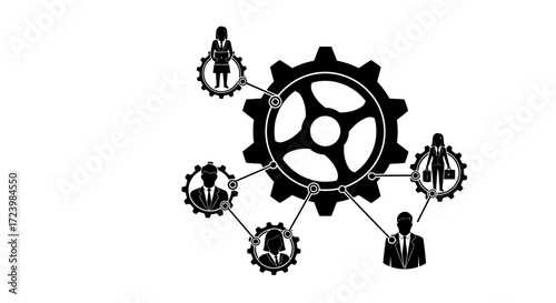 Teamwork and collaboration concept showing business people connected with gears functioning as a
