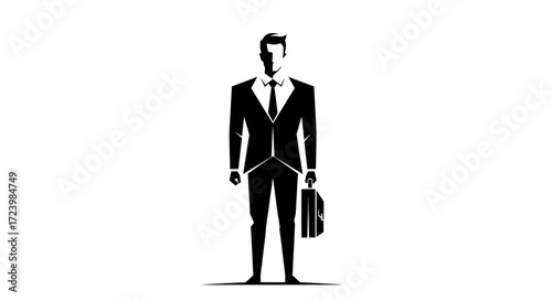 Stylized silhouette of a businessman in suit holding briefcase standing tall and confident