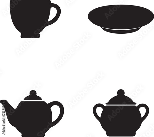 Clean silhouette icons of teacup saucer teapot and sugar bowl