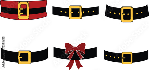 Gold buckle belt collection, fashion accessory set, costume design elements, stylish waistwear, decorative belts, character outfit props, festive fashion details