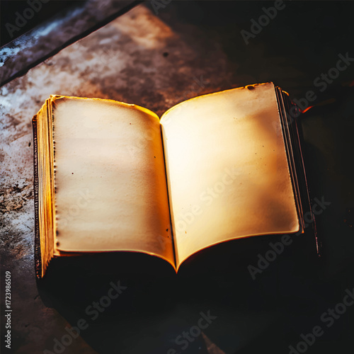 The illustration depicts an old book with yellowed edges, open to blank pages, as if waiting for words, stories, or ancient knowledge to emerge from its pages.