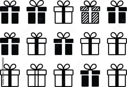 Collection of simple, modern gift box icons with bows, perfect for celebration and surprise.
