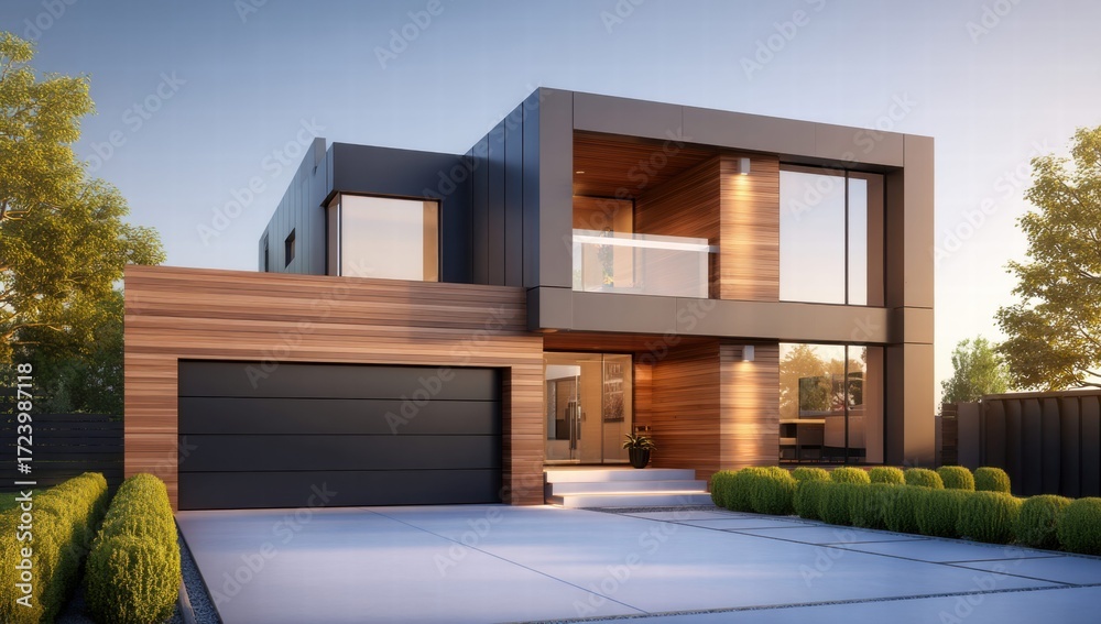 Fototapeta premium Modern architectural design of a luxurious home with wooden accents and a sleek garage.