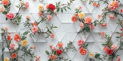 Floral arrangement display indoor space wall art modern decor bright colors aesthetic design