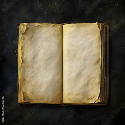 The illustration depicts an old book with yellowed edges, open to blank pages, as if waiting for words, stories, or ancient knowledge to emerge from its pages.