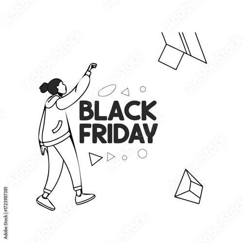 Person reaching for black friday deals and shopping bags isolated on white background