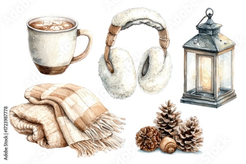 Winter cozy watercolor set with blanket cocoa lantern and earmuffs