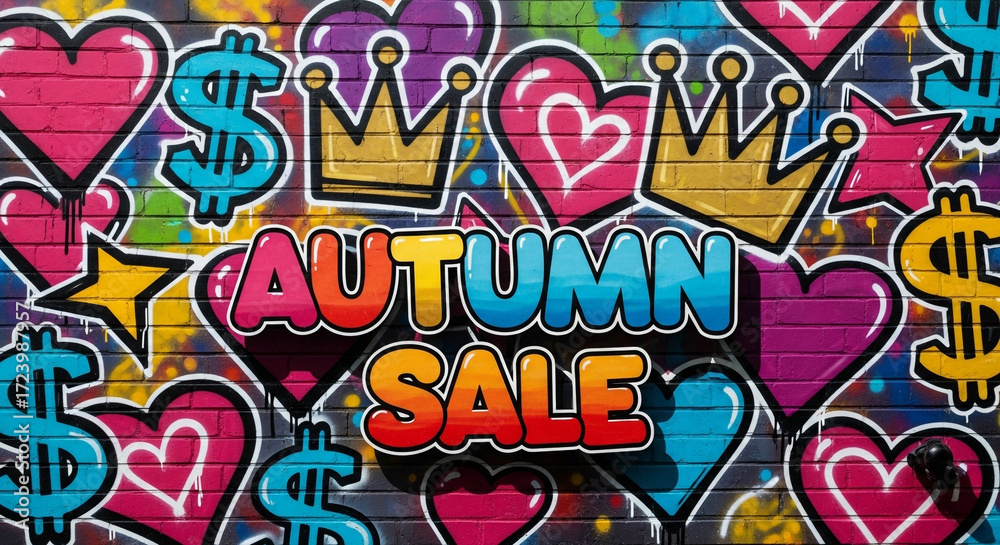 Fototapeta premium Vibrant graffiti art announces an exciting Autumn Sale with bold hearts, crowns, and dollar signs, perfect for dynamic retail promotions.