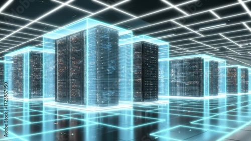 This showcases a high-tech data center filled with glowing server racks and sleek architecture. The modern design emphasizes efficiency and advanced data management systems