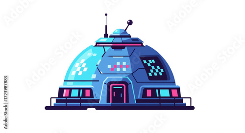 Futuristic Dome Building with Antennae and Pixelated Displays.