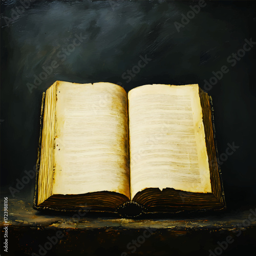 The illustration depicts an old book with yellowed edges, open to blank pages, as if waiting for words, stories, or ancient knowledge to emerge from its pages.
