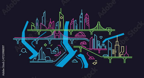 Futuristic Neon Cityscape with Glowing Architectural Lines and Abstract Elements.