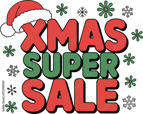 Festive 'Xmas Super Sale' text with Santa hat and snowflakes, perfect for holiday promotions