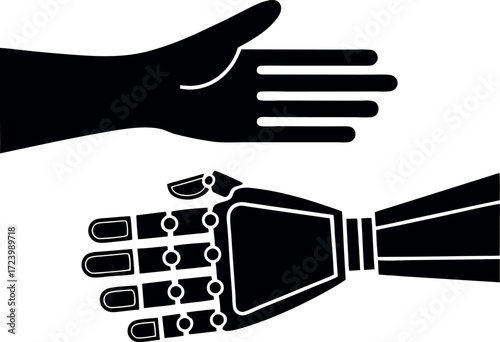 Human hand and robotic hand in silhouette facing each other