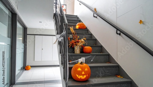 Staircase decorated for Halloween with pumpkins, autumn leaves, and seasonal floral arrangements.