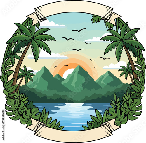 Summer Tropical Emblem with Ocean and Mountains