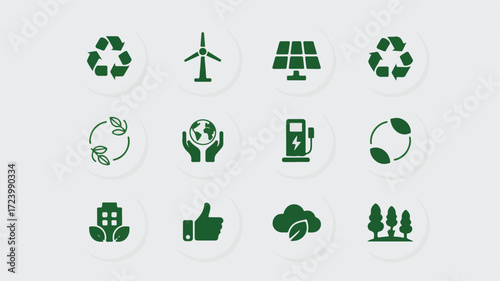 Green environmental conservation icons recycling symbol wind turbine