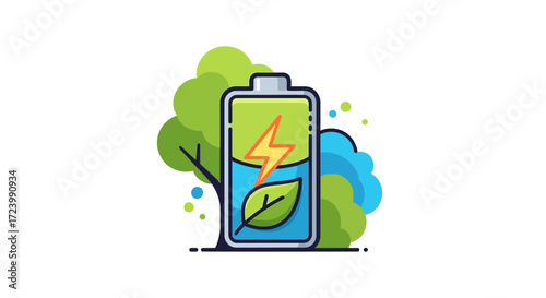 Green energy battery with lightning bolt and leaf symbol.