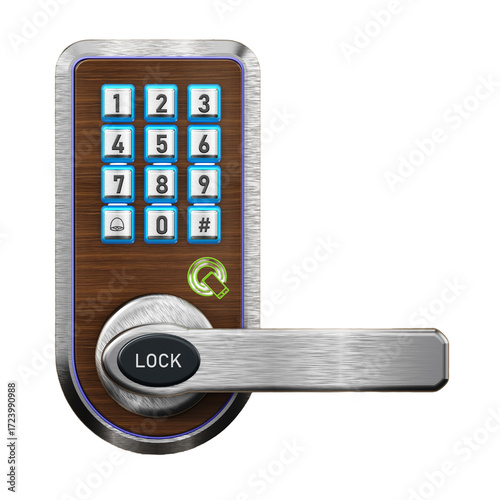 Digital security keypad and knob on transparent background. 3D illustration