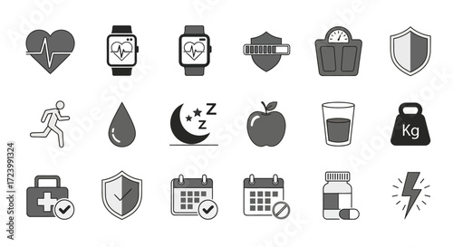 Health and Fitness Icons Representing Wellness and Healthy Lifestyle Choices.