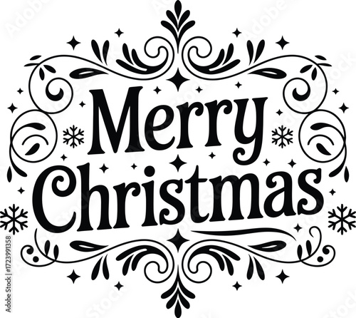 Elegant Merry Christmas typographic design with festive flourishes and snowflakes