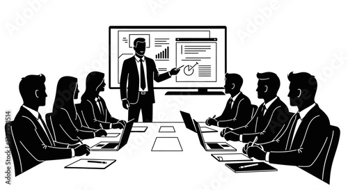 Illustration of a business presentation meeting with professional silhouettes and data charts