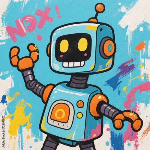 Cartoon robot painting over noisy image