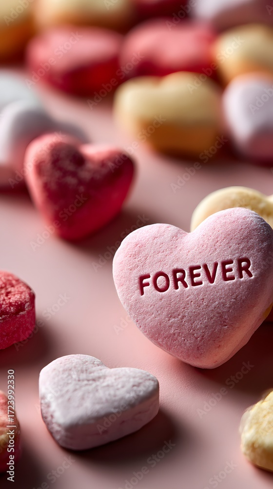 Obraz premium Candy heart with the word FOREVER on a pink background