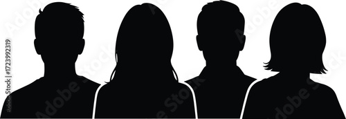 Black silhouette group of diverse people standing together in row, anonymous human figures representing unity, teamwork, diversity, community, equality, inclusion