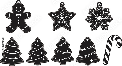 Christmas cookie silhouette set, festive gingerbread design, snowflake star tree icons, holiday candy cane vector, seasonal dessert graphic pack