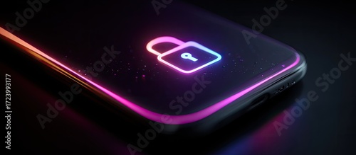 Futuristic smartphone with a neon lock icon