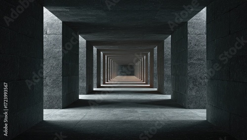 A long, dark concrete corridor