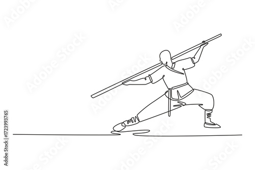 Single one line drawing active male in traditional Shaolin stance, wielding staff, capturing the discipline, balance, and power of martial arts. Continuous line draw design graphic vector illustration