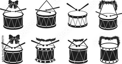 Christmas drum silhouette set, festive percussion instrument icons, holiday music vector, decorated drum with bow, seasonal celebration graphic, winter festival design