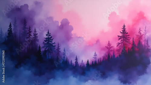 Purple Pink Watercolor Sky with Dark Trees Landscape Illustration

